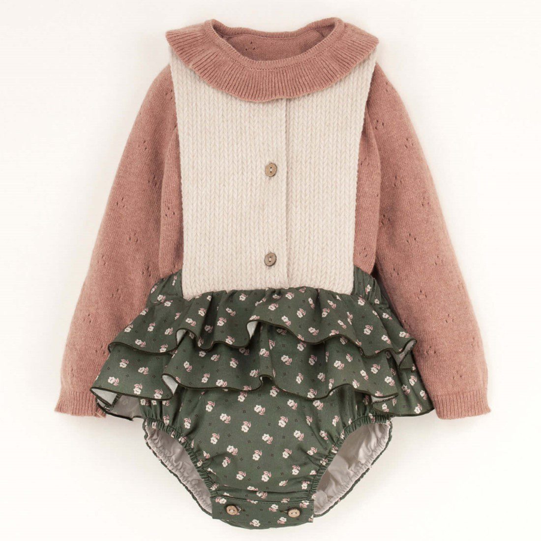 Dusty Pink Knitted Romper Suit & Green floral Romper Suit