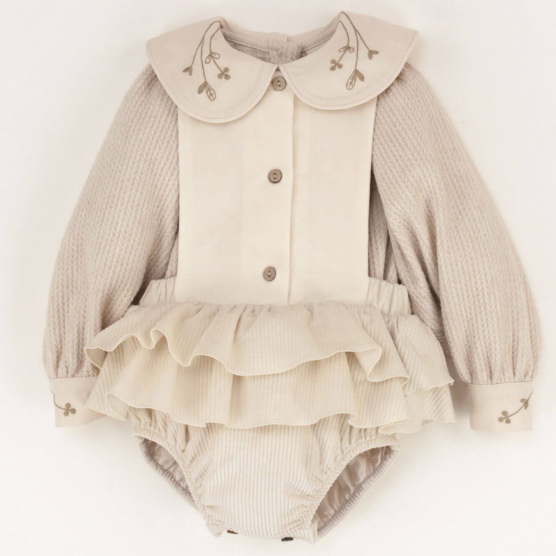 Knitted Blouse W/ Collar & Romper Suit W/ Frill