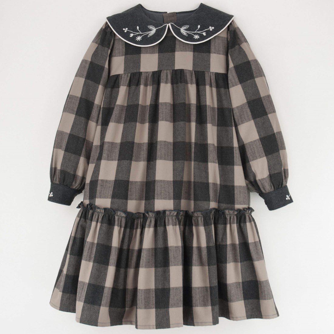 Taupe Check Dress W/ Embroidered Collar