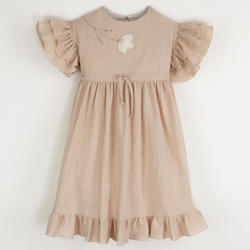 Organic Dress with Embroidered Yoke and Appliqué | Pink