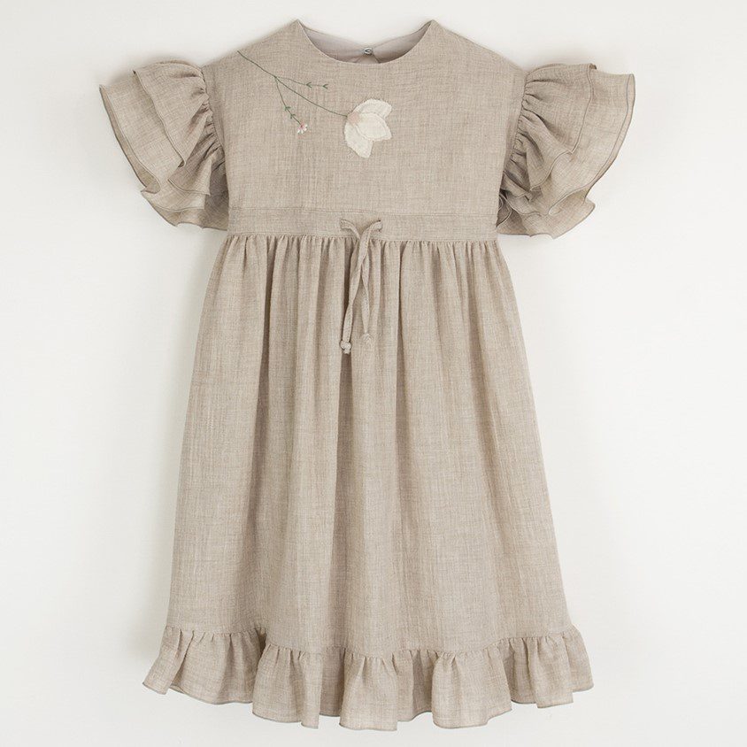 Organic Dress with Embroidered Yoke and Appliqué | Sand
