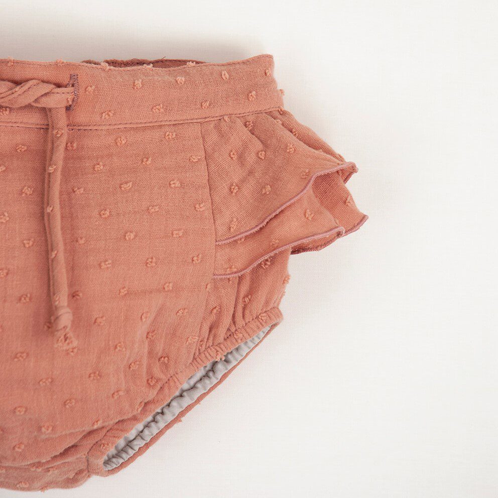 Off-white Organic Blouse W/ Embroidered Collar & Coral Culotte W/ Frills