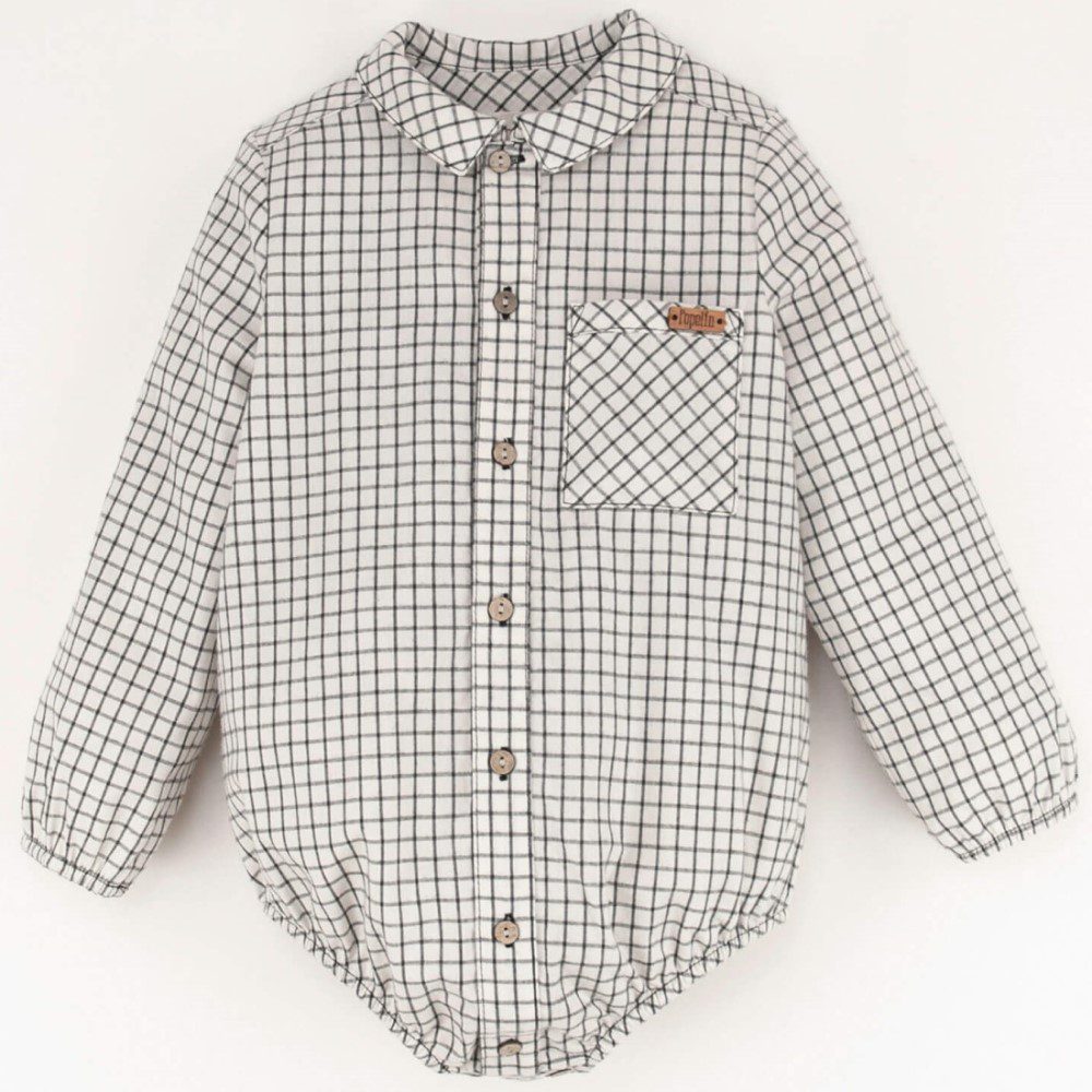 Off-white Check Shirt Romper Suit & Black Short Dungarees