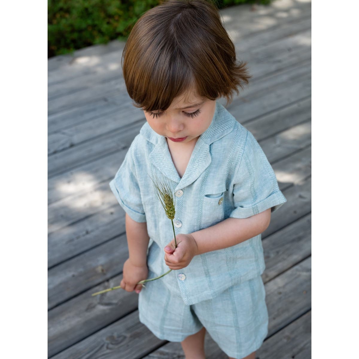 Baby Textured Green Linen Shirt & Loden Frost Shorts