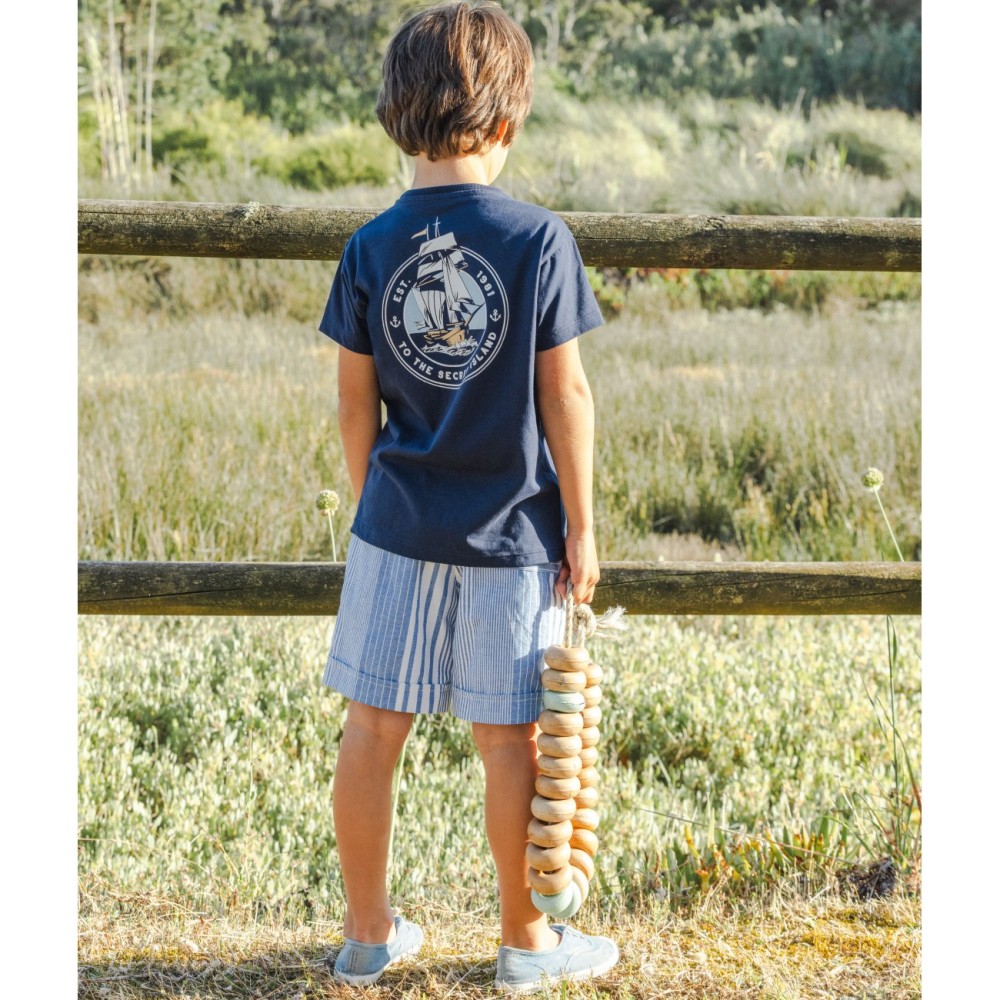 'To The Secret Island' Tshirt & Irregular Stripe Shorts | Navy/Indigo