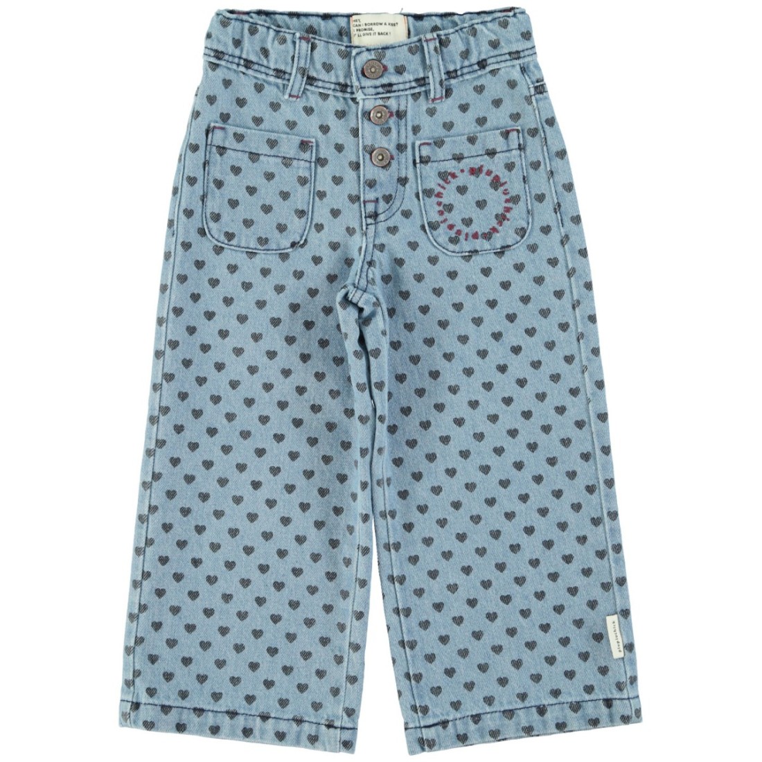 Flare Trousers Washed Blue Denim W/ Black Hearts