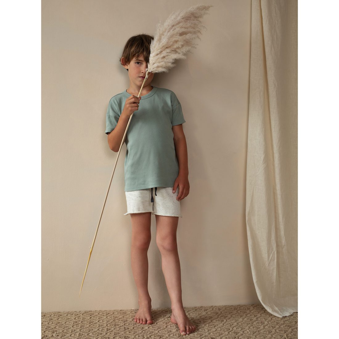 Mint Blue Rib Tee & Stracciatella Raw-edge Sweat Shorts