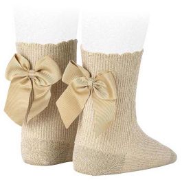 Fine Rib BRIGHT Short Socks W/ Back Grossgrain Bow | Beige (303