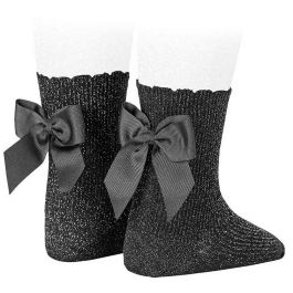 Fine Rib BRIGHT Short Socks W/ Back Grossgrain Bow | Black (900)