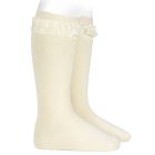 Knee High Socks W/ Velvet Ruffle Cuff | Beige 303