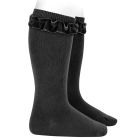 Knee High Socks W/ Velvet Ruffle Cuff | Black 900