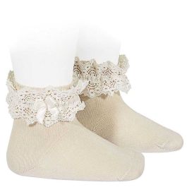 2484/4 Lace Trim Short Socks W/ Bow | Linen 304