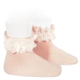 2484/4 Lace Trim Short Socks W/ Bow | Nude 674