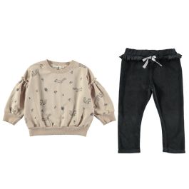 Beige Squirrels & Flowers Sweatshirt & Shadow Grey Velvet Leggings