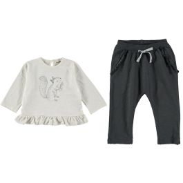 Ecru Squirrel Top & Shadow Grey Ruffled Pants