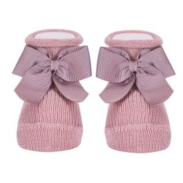 Baby Warm Cotton Booties W/ Grossgrain Bow | Pale Pink (526)