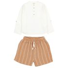 Linen Kurta Shirt & Stripes Bermuda | Ecru/Caramel