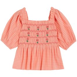 Embroidered Smocked Peony Gingham Blouse