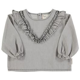Blouse W/ V-neck Ruffles | Grey Chambray