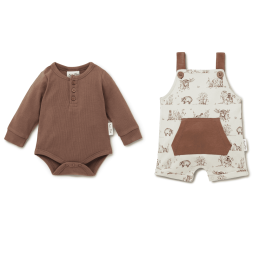 Cocoa Rib Henley Onesie & Turtle Dove Badget Overalls
