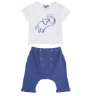 Ecru T-Shirt Printed Elephant & Blue Sarouel Pants