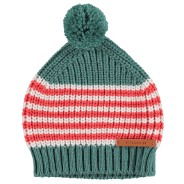 Knitted Hat W/ Pompom | White / Emerald / Orange
