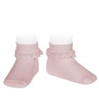 Lace Trim Rib Ankle Socks W/ Folded Cuf | Pale Pink