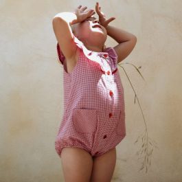 Gingham Romper Suit W/ Frilled Collar