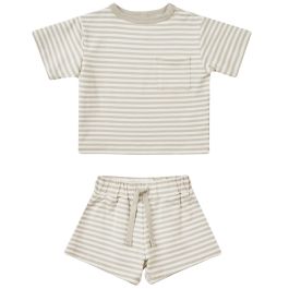 Boxy Pocket Tee + Short Set | Ash Stripe
