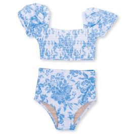 High Waist Smocked Bikini | Blue Bouquet