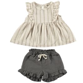 Stripes Rustic Blouse & Ruffle Shorts | Ecru/Anthracite