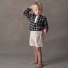 Grey Plaid Shirt & Beige Velvet Shorts