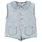 Short Sleeveless Jumpsuit Blue Light Denim W/ Apple Print