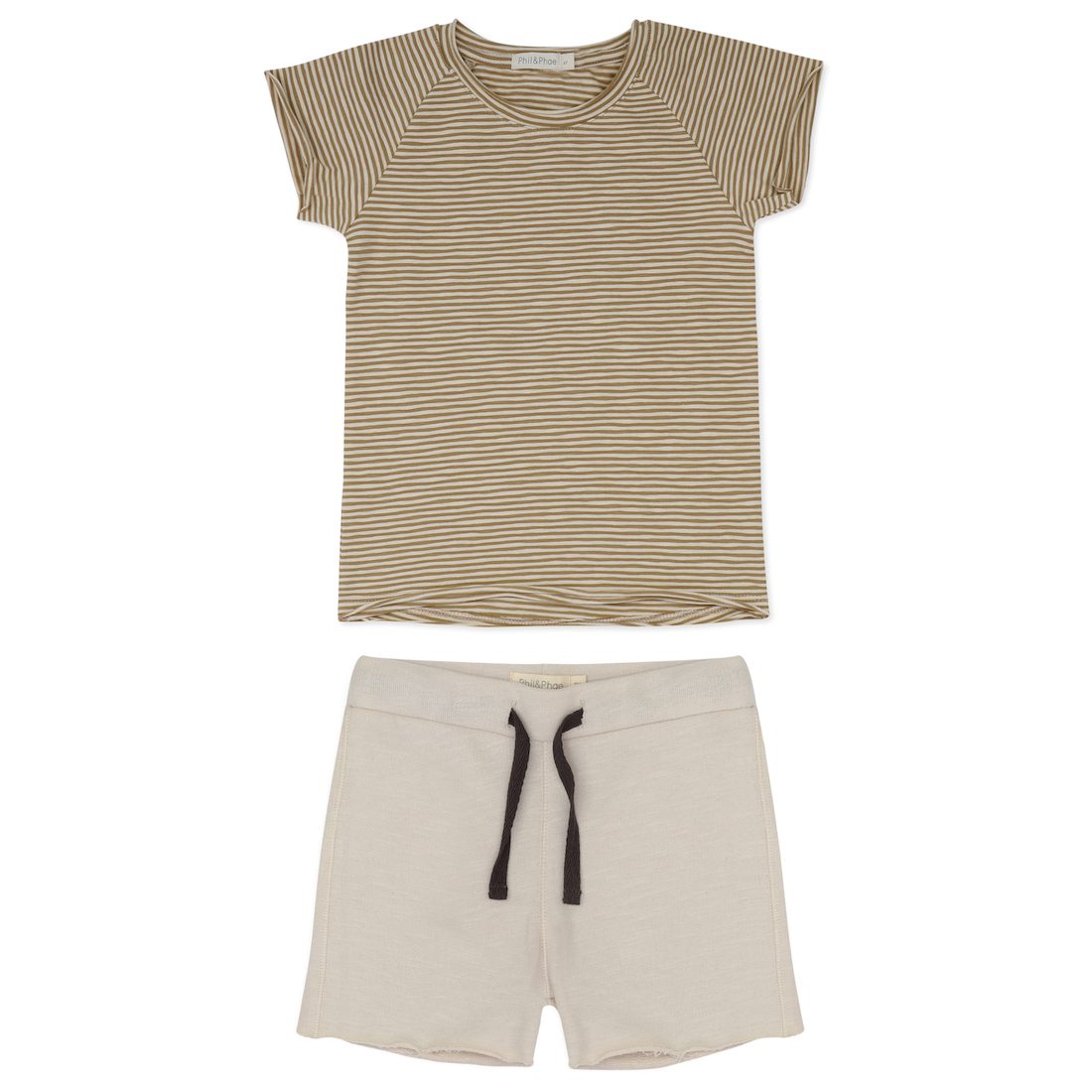 Dried Herb Stripe Raglan Tee & Oatmeal Raw-edge Sweat Shorts