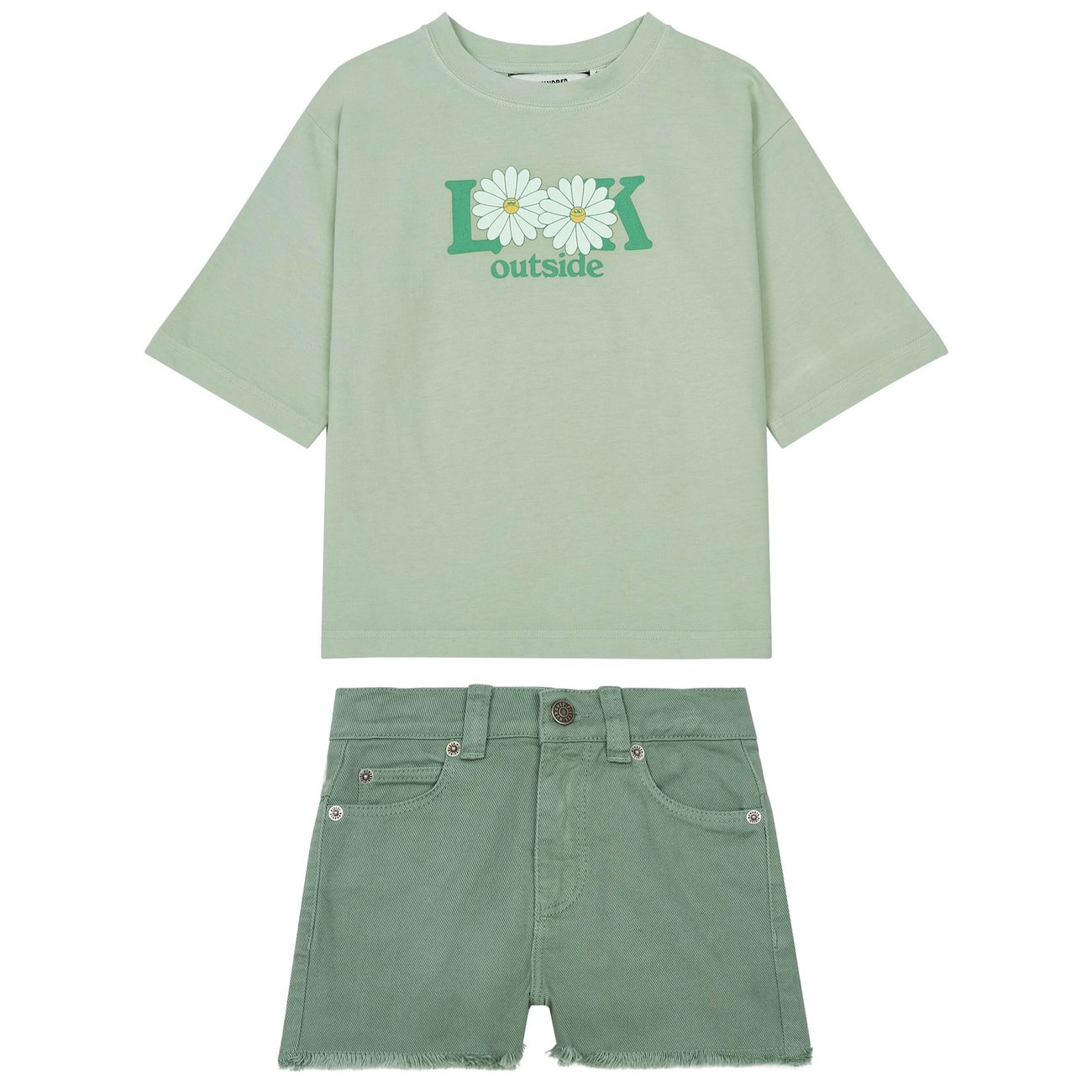 Light Jade Loose T-Shirt & Sage Denim Shorts