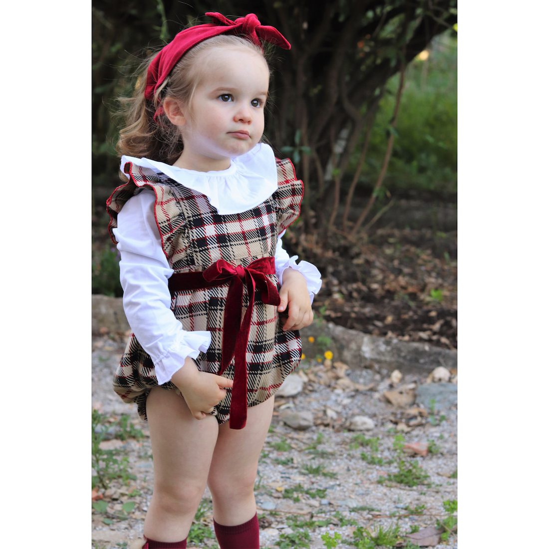 Beige & Bordeaux Check Frill Romper