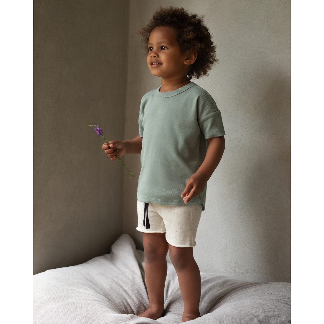 Mint Blue Rib Tee & Stracciatella Raw-edge Sweat Shorts