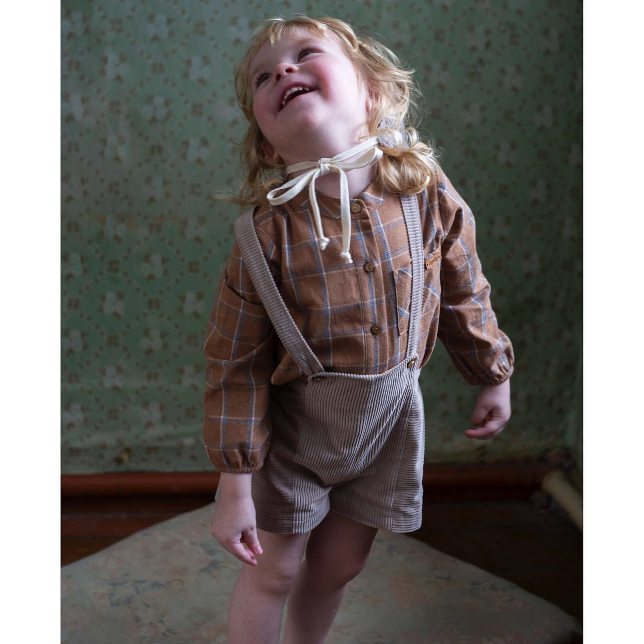 Taupe Plaid Shirt & Taupe Dungarees W/ Crossover Straps
