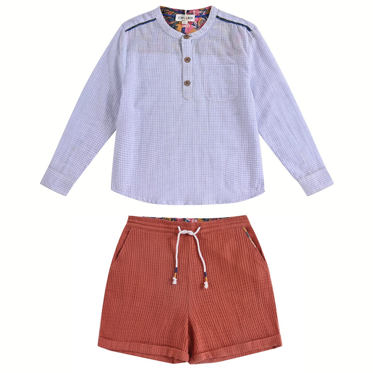 Blue check Amano Shirt & REVERSIBLE Terracota Aliki Shorts