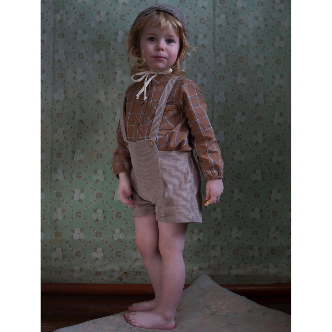 Taupe Plaid Shirt & Taupe Dungarees W/ Crossover Straps