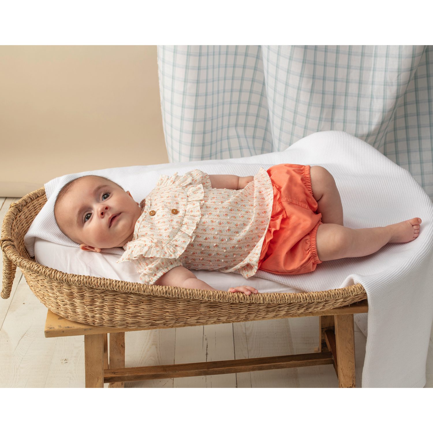 Salmon Floral Plumeti Blouse & Coral Shorts W/ Ruffle