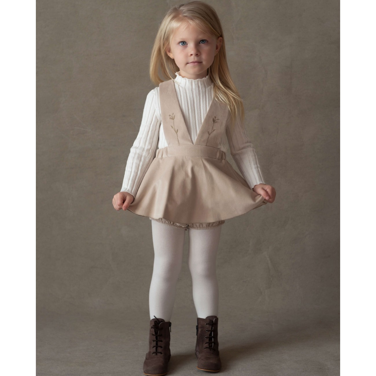 Velvet Romper Suit W/ Straps & Funnel Collar Ribbed Top