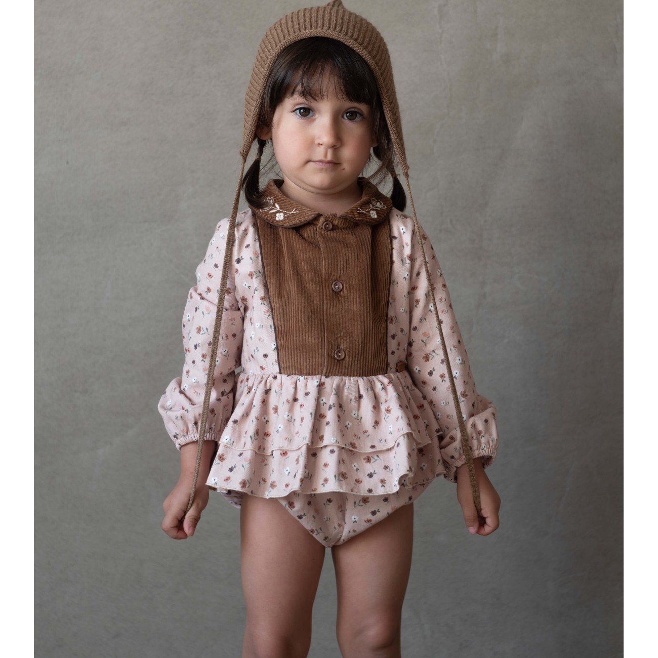 Pink Flower Print Romper Suit W/ Embroidered Collar