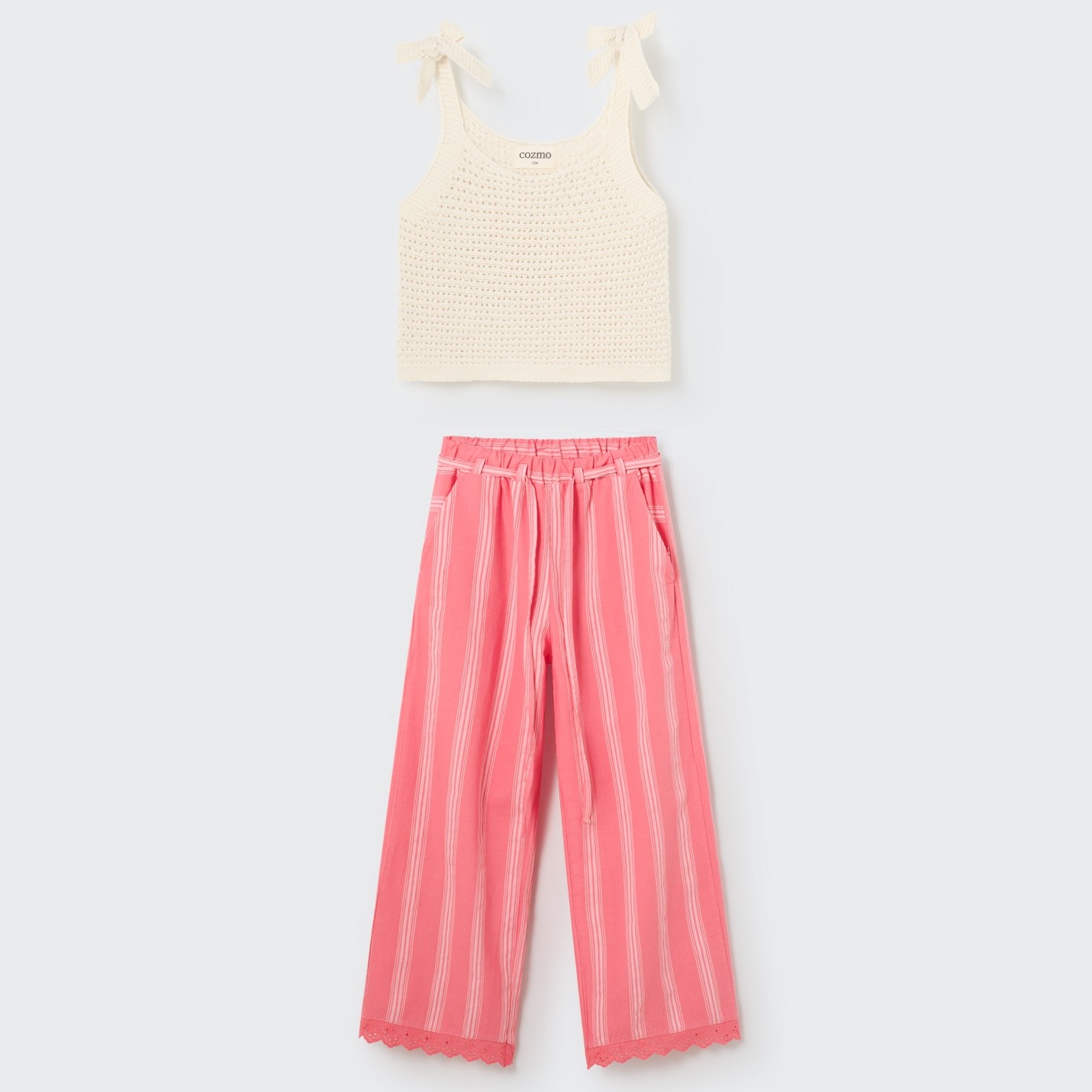 Anaisk Ivory Tricot Top & Bellak Pink Striped Ruffle Pants