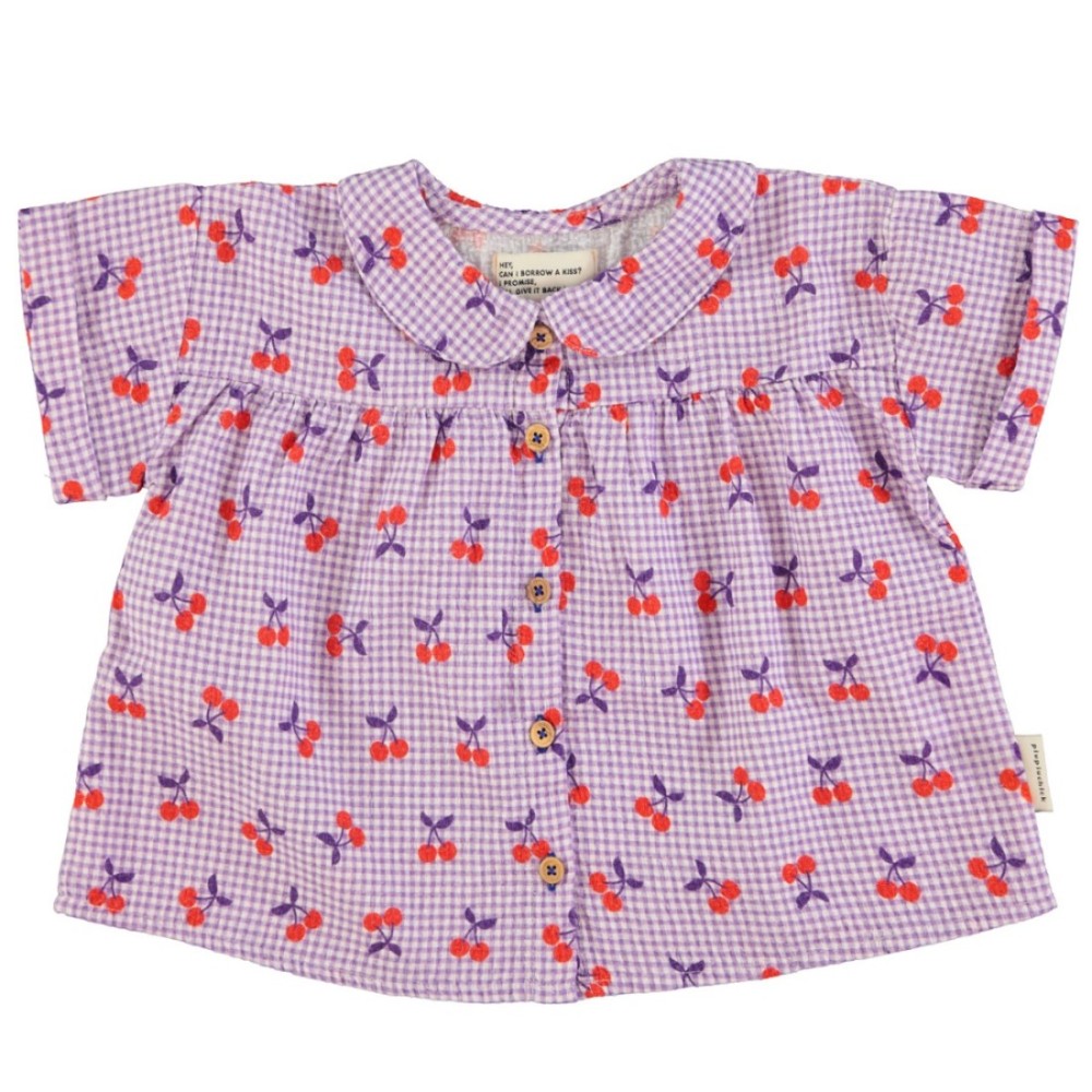Peter Pan Collar Shirt | Purple & White Checkered W/ Cherries