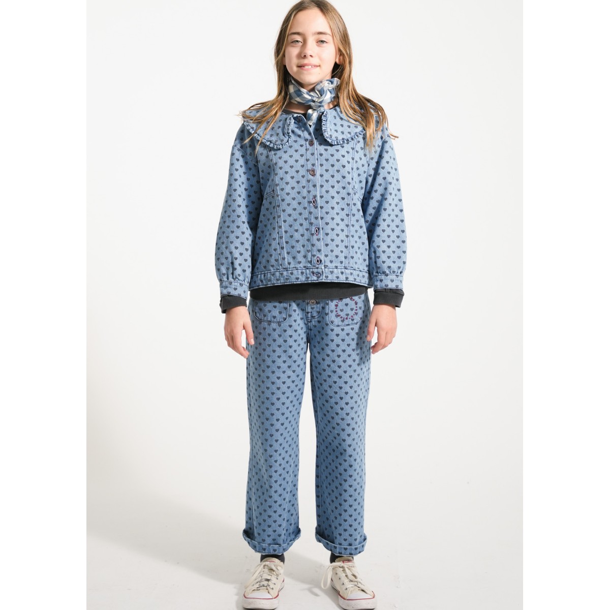 Flare Trousers Washed Blue Denim W/ Black Hearts