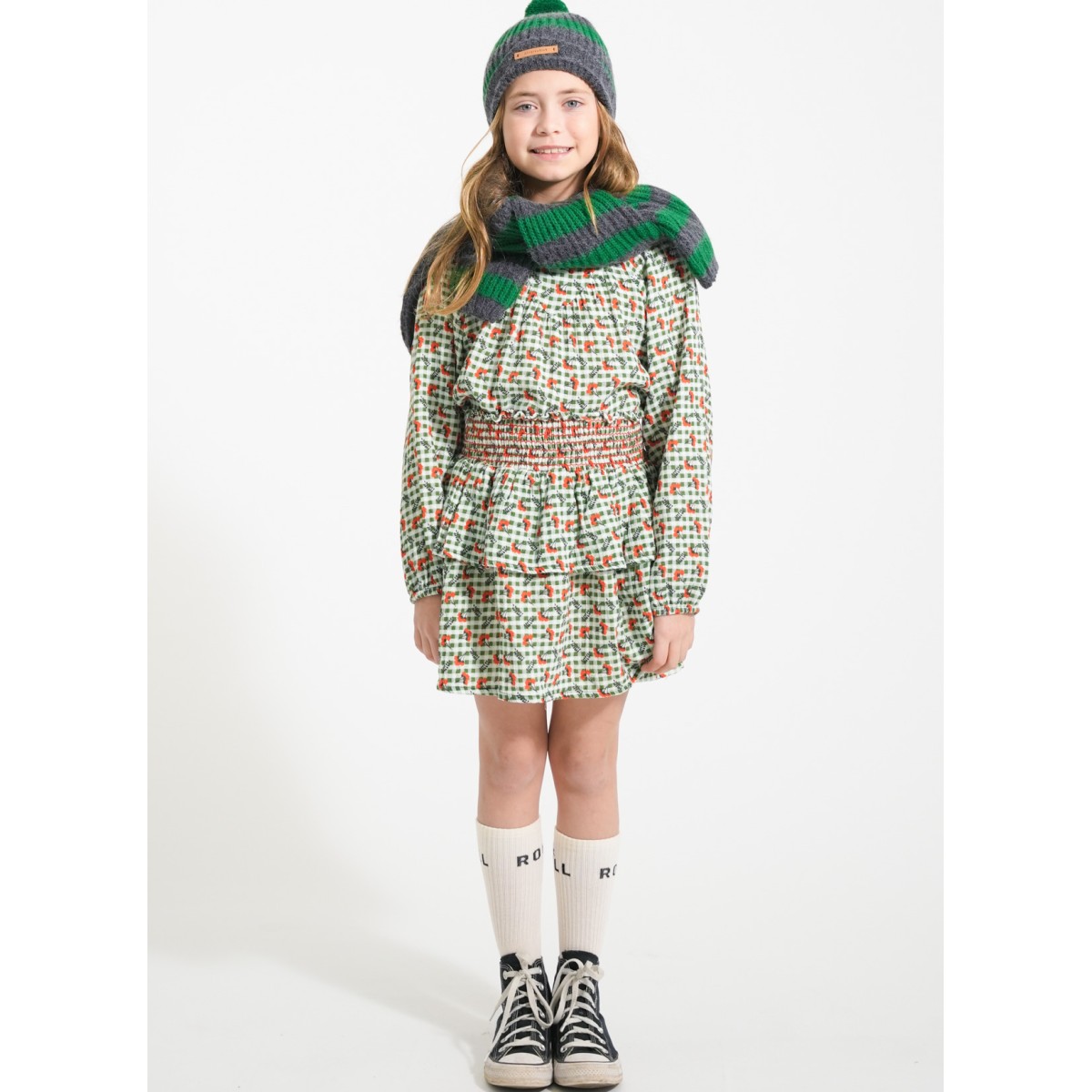 Blouse Green Checkered W/ Flowers