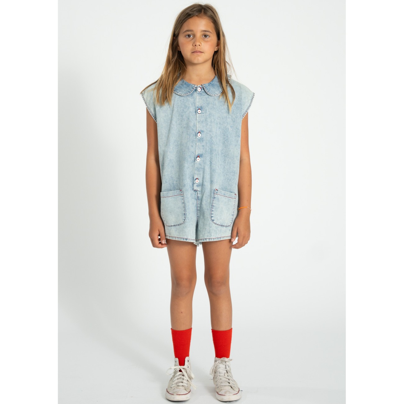 Short Sleeveless Jumpsuit Blue Light Denim W/ Apple Print