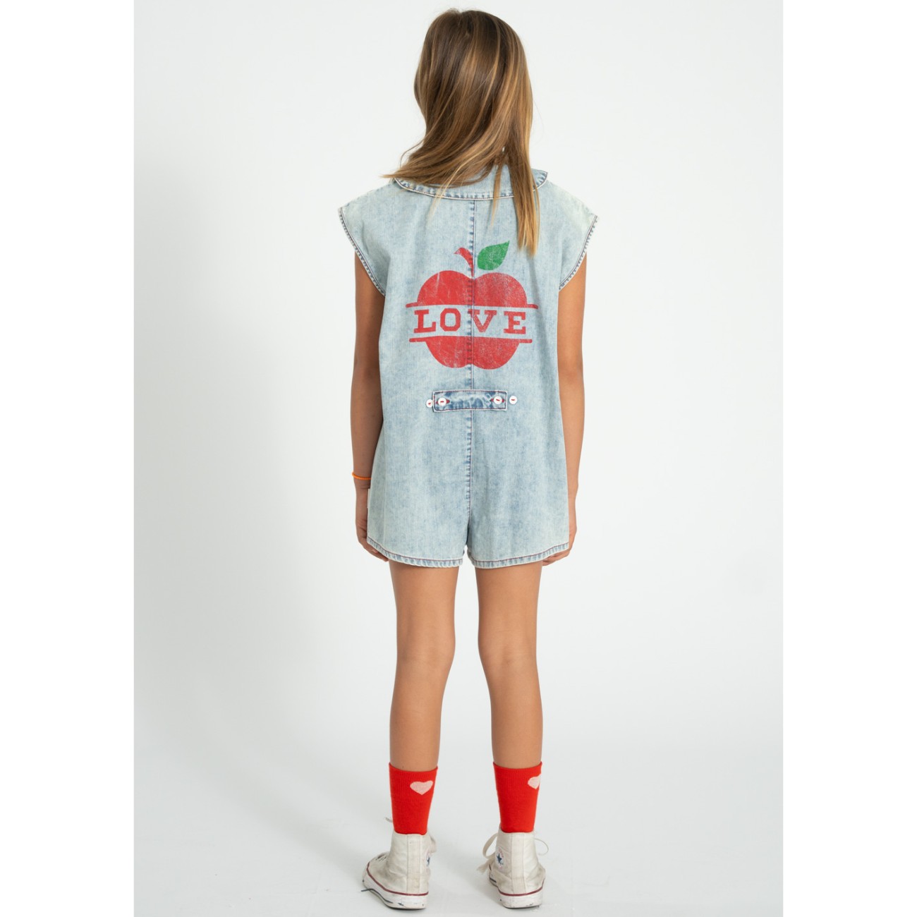 Short Sleeveless Jumpsuit Blue Light Denim W/ Apple Print