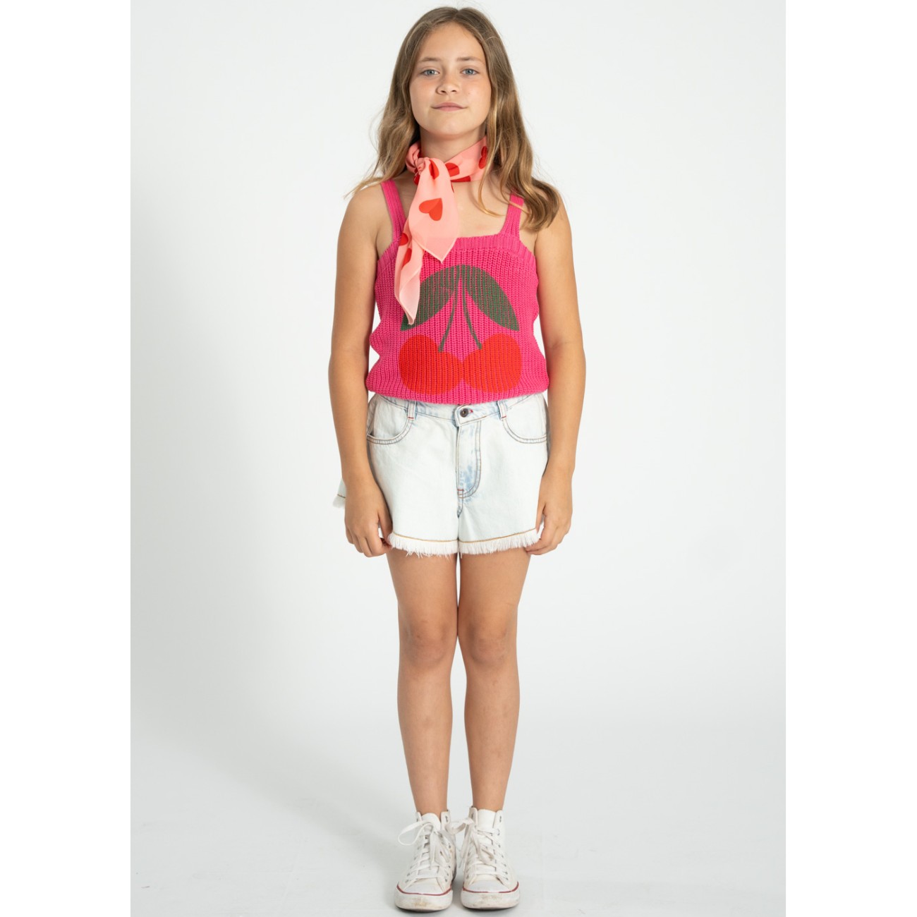 Knitted Top W/ Straps Pink W/ Cherry Print